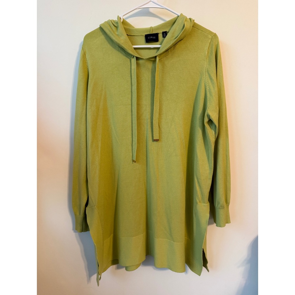 Cyrus Womens Lime Green Hooded Knit Sweater Tunic Side Slits Size 1X
